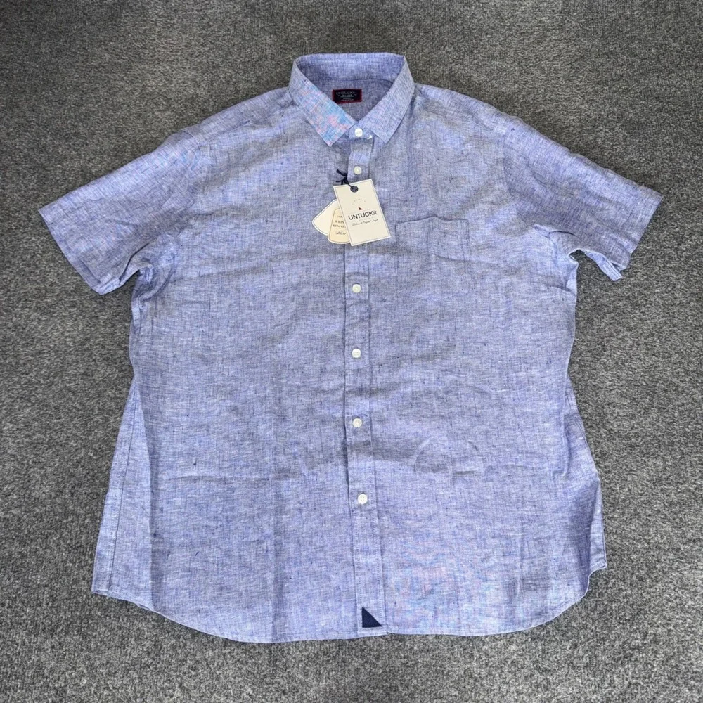 UNTUCKit Mens XL Blue Linen Wrinkle Resistant Short Sleeve Shirt NEW Button Up - Picture 1 of 7